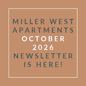 The image is a cover of the Miller West Apartments October 2026 newsletter.