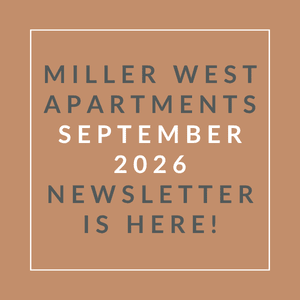 The image is an advertisement for the September 2026 newsletter of Miller West Apartments.