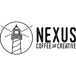 a logo for nexus coffee and creative with a lighthouse