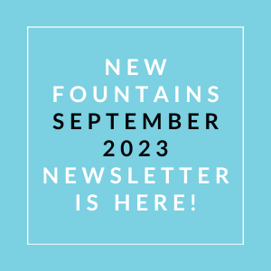 a blue background with a white outline and the words new fountains september 23