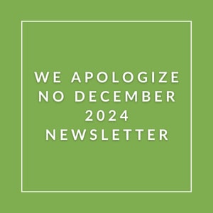 A green square with white text apologizing for a newsletter.