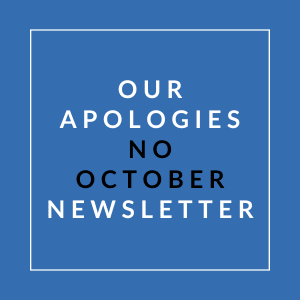 A blue square with the text "Our Apologies No October Newsletter" written in white.