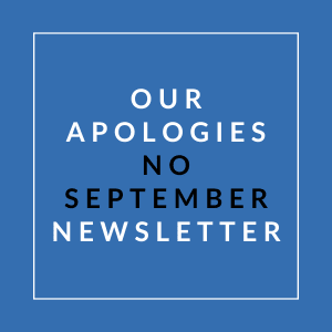 A blue square with white text that reads "Our Apologies No September Newsletter".