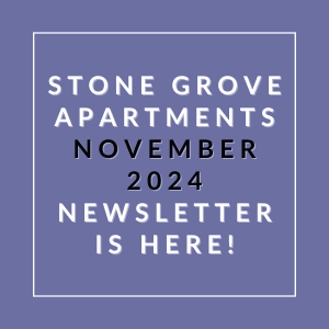 a white box with the words stone grove apartments november 2024 is here