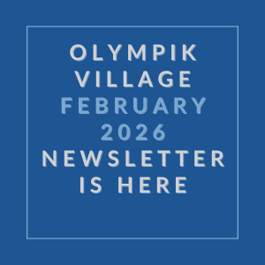 A blue square with white text announcing the Olympik Village February 2026 newsletter.