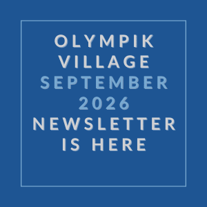 A blue background with white text announcing the Olympik Village September 2026 newsletter.
