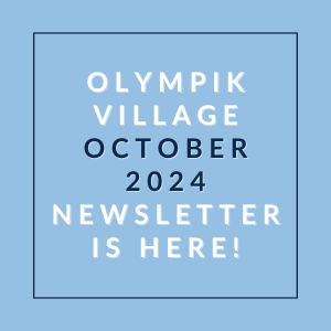 a blue background with the words olympic village october 2024 newsletter is here