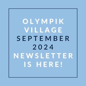 a blue background with the words olympic village september 2024 newsletter is