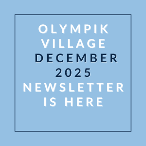 A blue square with white text announcing the Olympik Village December 2025 newsletter.