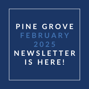 A blue square with white text announcing the Pine Grove January 2025 Newsletter.