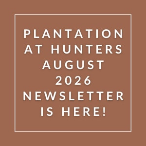 The image announces the availability of the Plantation at Hunters August 2026 newsletter.
