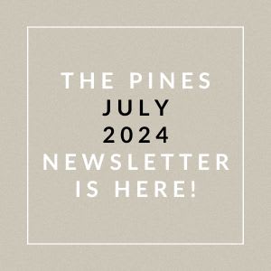 the pines july 2024 newsletter is here gray background with white font and white