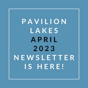 a blue background with a white outline of a lake and the words pavilion lakes april