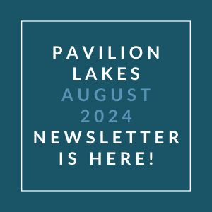 a white box on a blue background with the words pavilion lakes august 2024