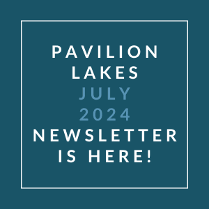 a navy blue background with white text and the words pavilion lakes july 2024
