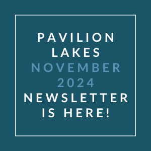 a white line on a blue background with the words pavilion lakes november
