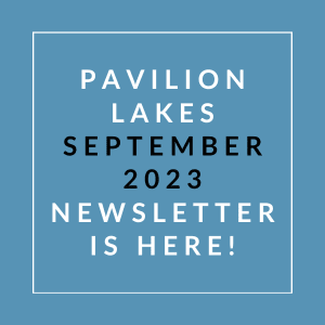 a blue background with a white outline of a lake and the words pavilion lakes sept