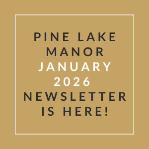 A beige newsletter cover for Pine Lake Manor for January 2026.