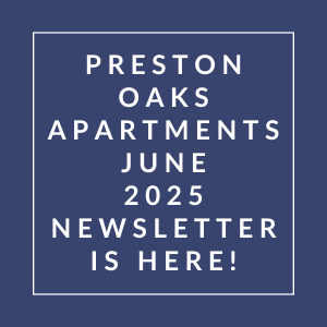 The image announces the availability of the Preston Oaks Apartments June 2025 Newsletter.