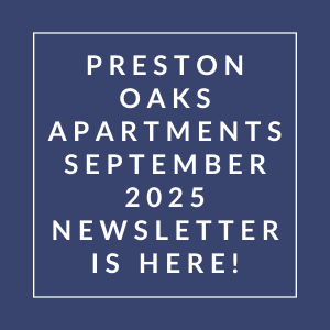 The image announces the availability of the Preston Oaks Apartments September 2025 Newsletter.