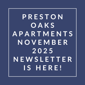 The image announces the availability of the Preston Oaks Apartments November 2025 newsletter.