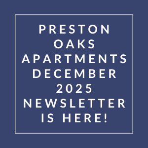 The image announces the availability of the Preston Oaks Apartments December 2025 Newsletter.