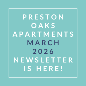The image announces the availability of the Preston Oaks Apartments March 2026 newsletter.