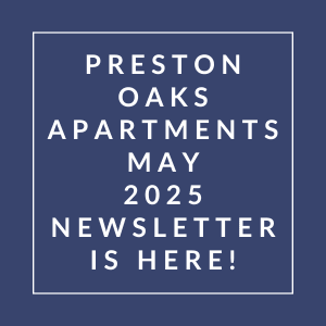 The image announces the availability of the Preston Oaks Apartments May 2025 newsletter.