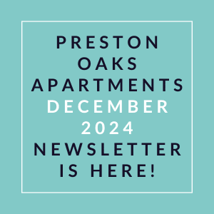 The image announces the availability of the Preston Oaks Apartments December 2024 newsletter.