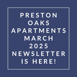 The image announces the availability of the Preston Oaks Apartments March 2025 Newsletter.
