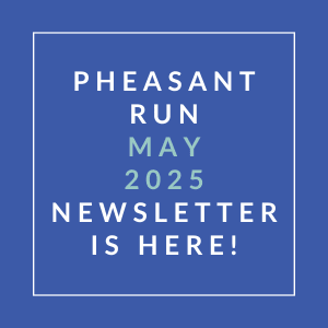 an aqua background with white text and the words pleasant run august 2024 newsletter