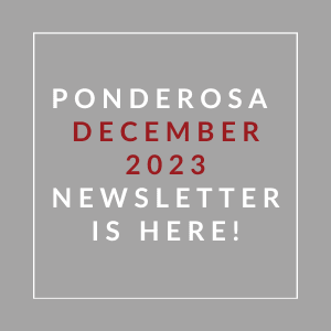 a gray background with white and red text and the word ponderosa december 23