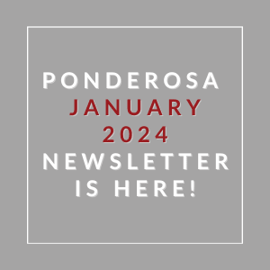 a gray background with white and red text and the word ponderosa january 2024