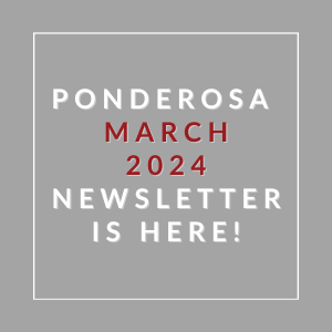 a gray background with white and red text and the word ponderosa march 2022 newsletter