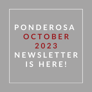 a gray background with white and red text and the words ponderosa october 23