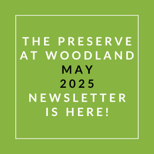the preserve at woodland map 2020 newsletter is here orange background with white text
