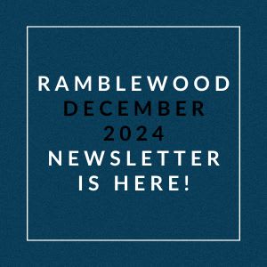 A blue square with white text announcing the Ramblewood December 2024 Newsletter.