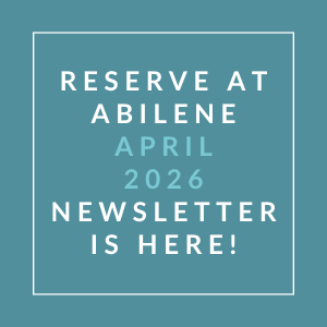 A teal-colored poster announcing the availability of the Abilene April 2026 newsletter.