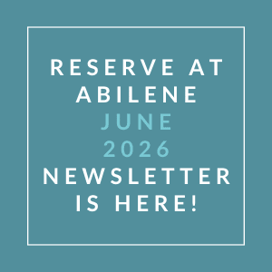 A teal-colored poster announcing the availability of the June 2026 newsletter for reservation at Abilene.