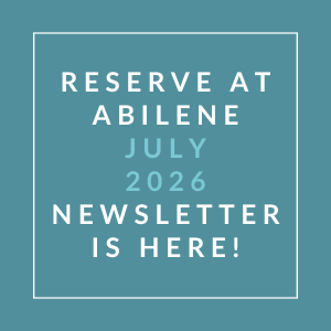 A teal-colored poster announces the availability of the July 2026 newsletter at Abilene.