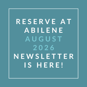 A teal-colored poster announces the availability of the August 2026 newsletter at Abilene.