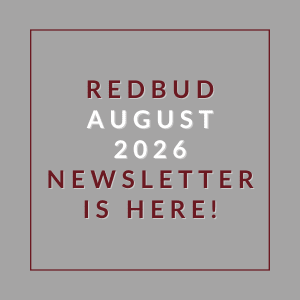 A red text message on a grey background announces the availability of the Redbud August 2026 newsletter.