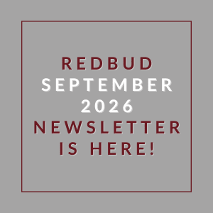 A red text message on a grey background announces the availability of the Redbud September 2026 newsletter.