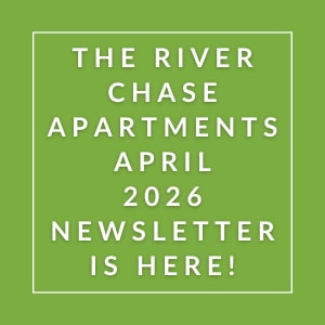 The image announces the availability of the River Chase Apartments April 2026 newsletter.