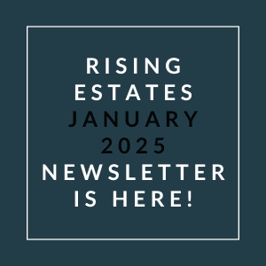 The image is a cover of the Rising Estates January 2025 newsletter.