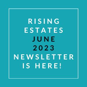 a teal background with a white box that says rising estates june 23 23 news