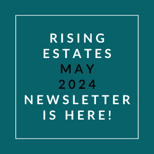 an aqua background with text stating rising estates may 2024 newsletter is here