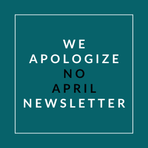 a white rectangle with the words we apologize no april newsletter on a green background