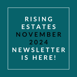 an aqua background with white text stating rising estates october 2024 newsletter is here