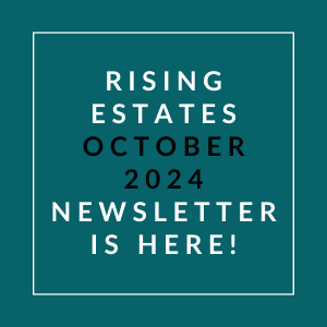 an aqua background with white text stating rising estates october 2024 newsletter is here